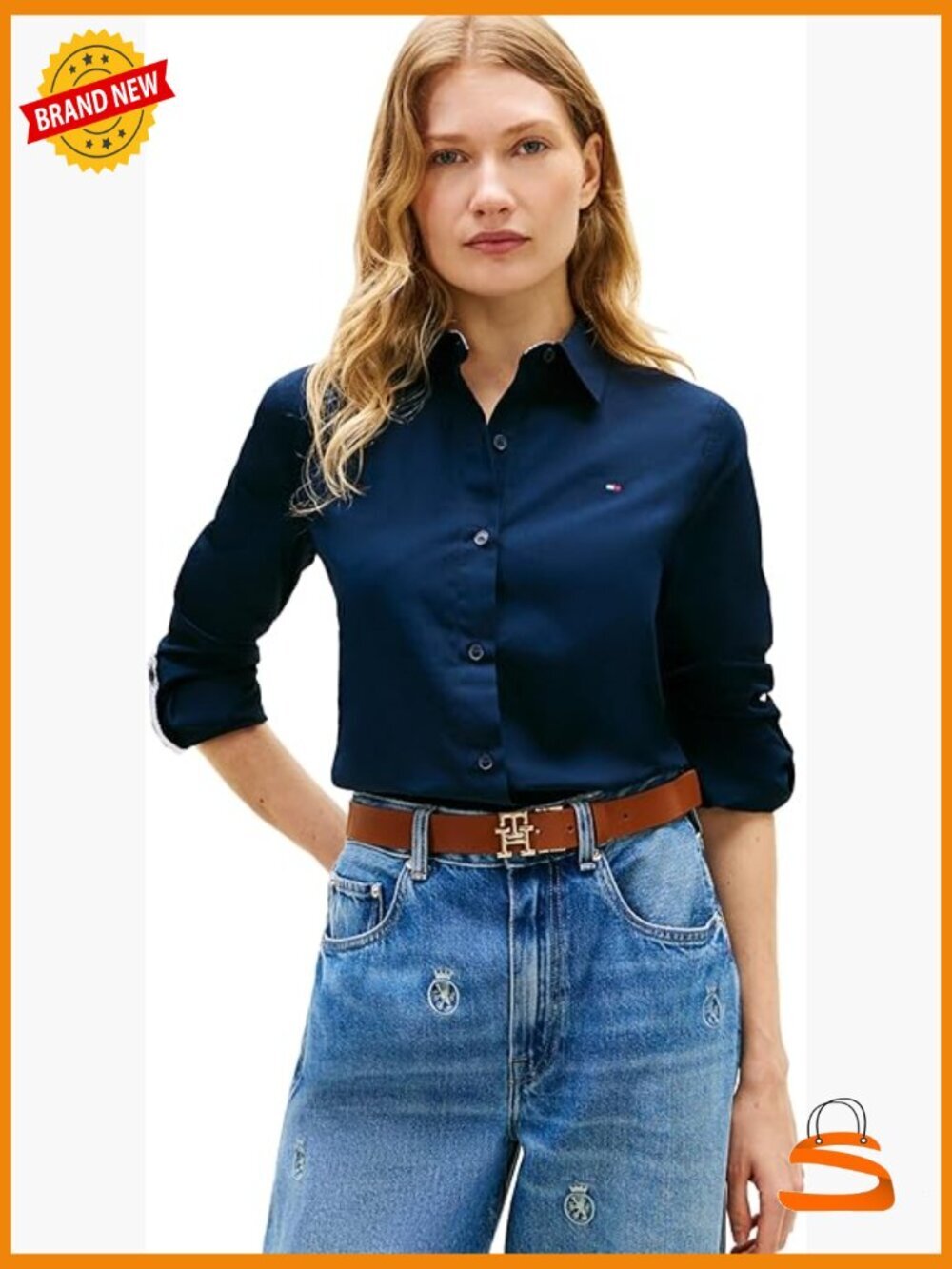 Cotton Poplin Long Sleeve Button Down Shirt with Roll Up Sleeves